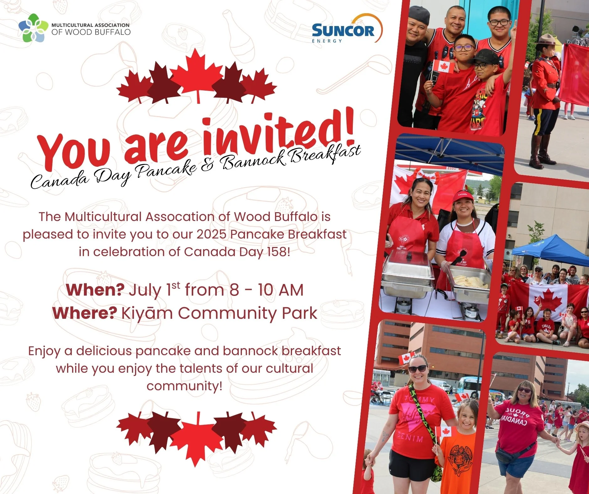🇨🇦❤ Looking for a way to start Canada Day surrounded by community and culture? Our friends at the Multicultural Association of Wood Buffalo are hosting a Pancake and Bannock Breakfast in celebration of Canada Day, and everyone&rsquo;s welcome!

𝐃?