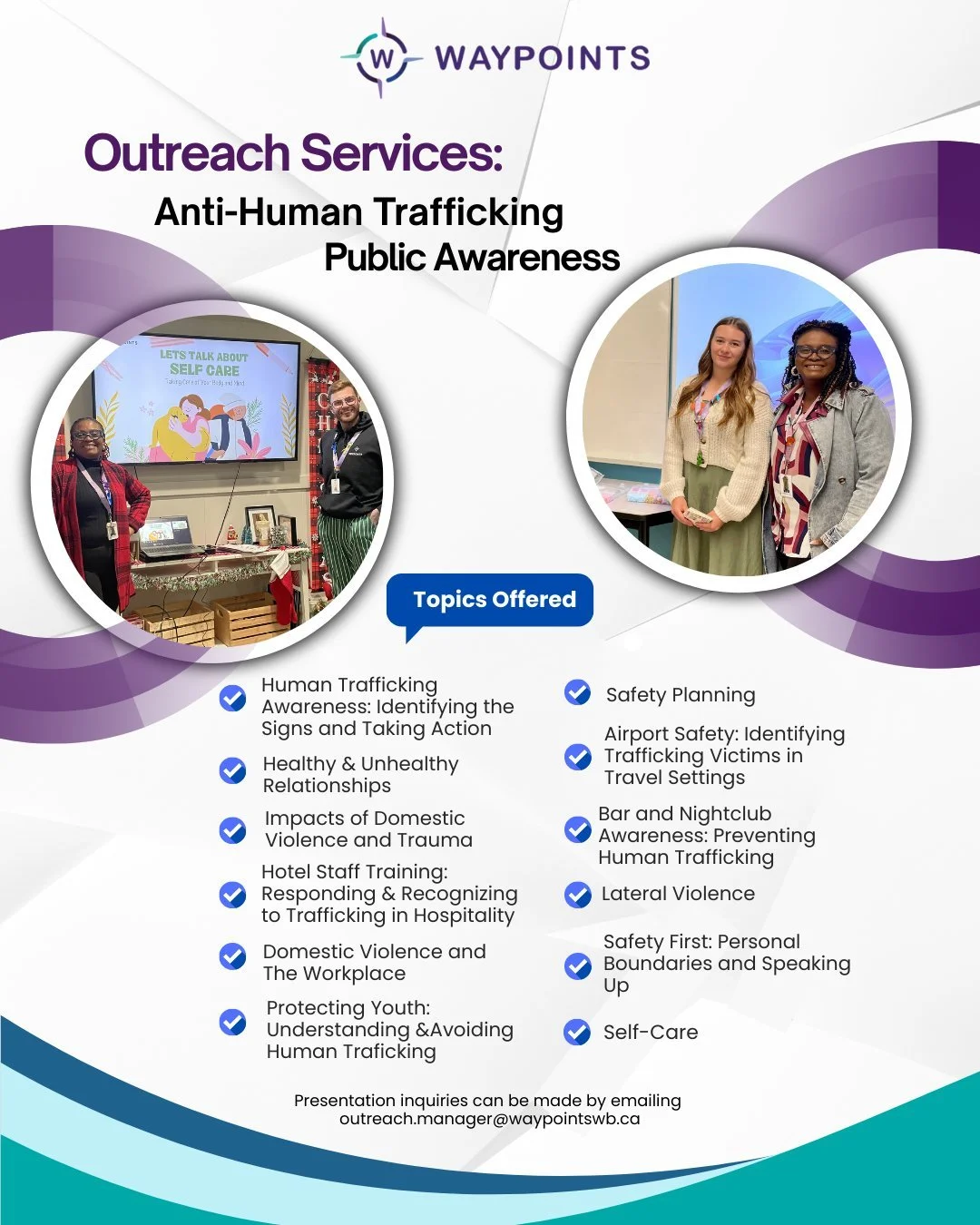 Did you know Waypoints&rsquo; Outreach Services team can deliver presentations tailored to your group and schedule?​
​
Our sessions cover domestic and family violence, relationship conflicts, and anti-human trafficking. They are designed for schools,