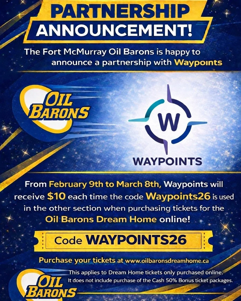 The @mobhockey  @oilbaronsdreamhome ticket season is heating up and so is your chance to give back! 

From February 9th to March 8th, $10 from every online Fort McMurray Oil Barons Dream Home ticket purchased with code Waypoints26 supports Waypoints.