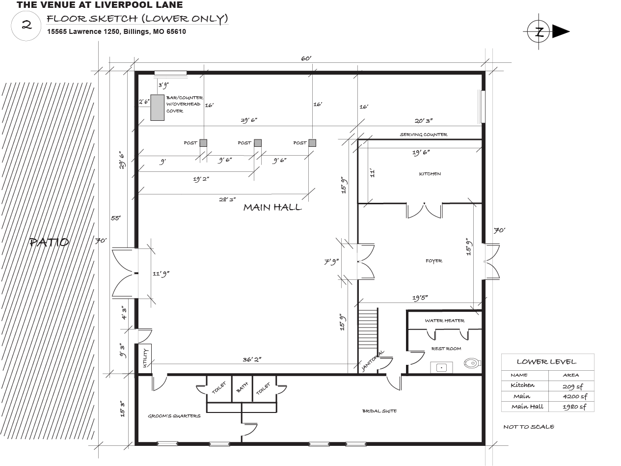 Floor plan of The Venue at Liverpool Lane lower level in Billings, Missouri, showing the main hall, kitchen, foyer, patio, bridal suite, groom’s quarters, restrooms, and dimensions.