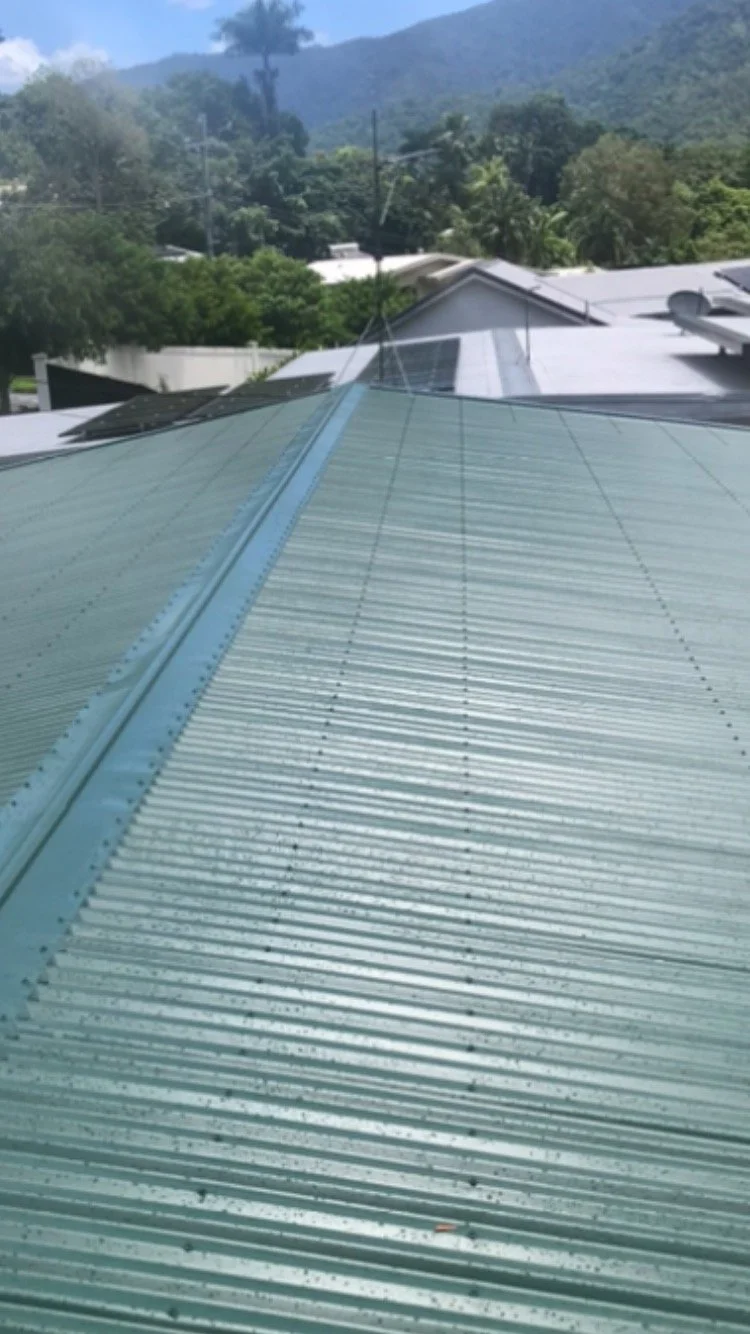 View of a green metal roof with solar panels, surrounded by trees and mountains in the background.