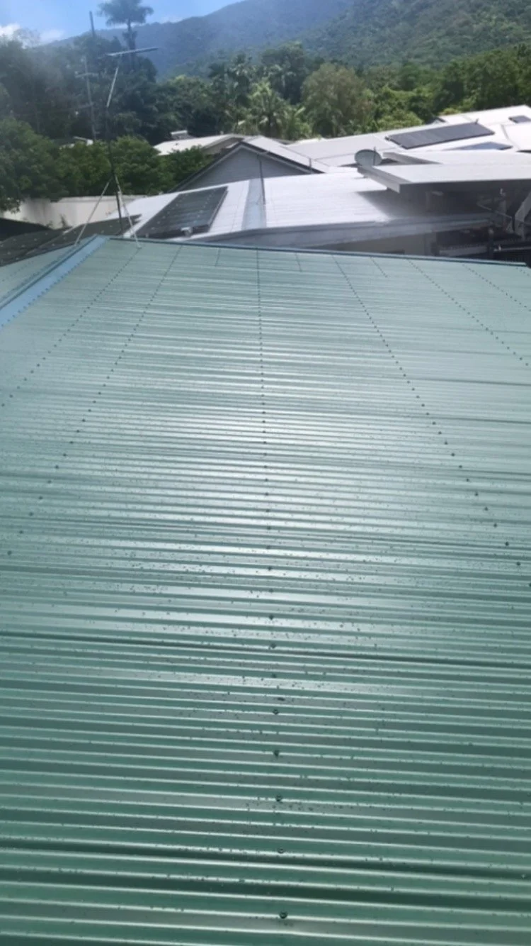 View over a corrugated metal roof with trees and mountains in the background.
