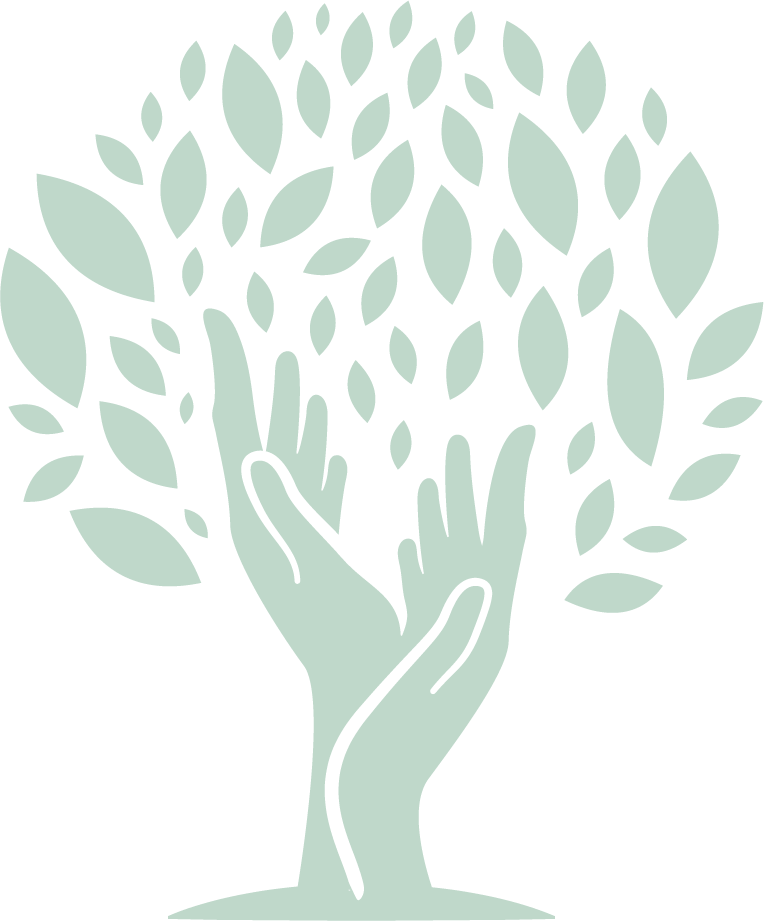Illustration of two hands holding a tree with many leaves.
