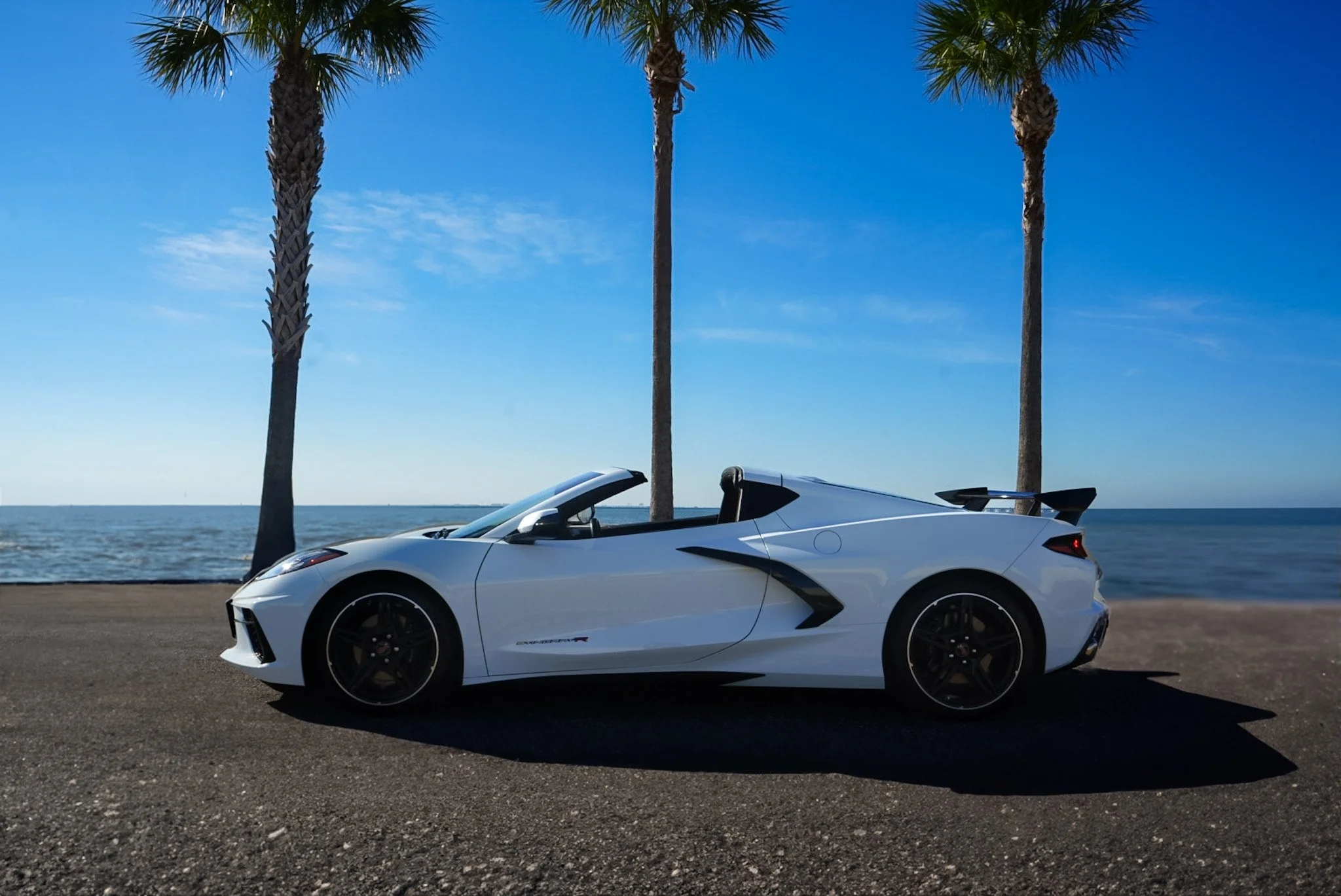 White 2022 Chevrolet Corvette 2LT  along Courtney Campbell Causeway, Tampa FL.