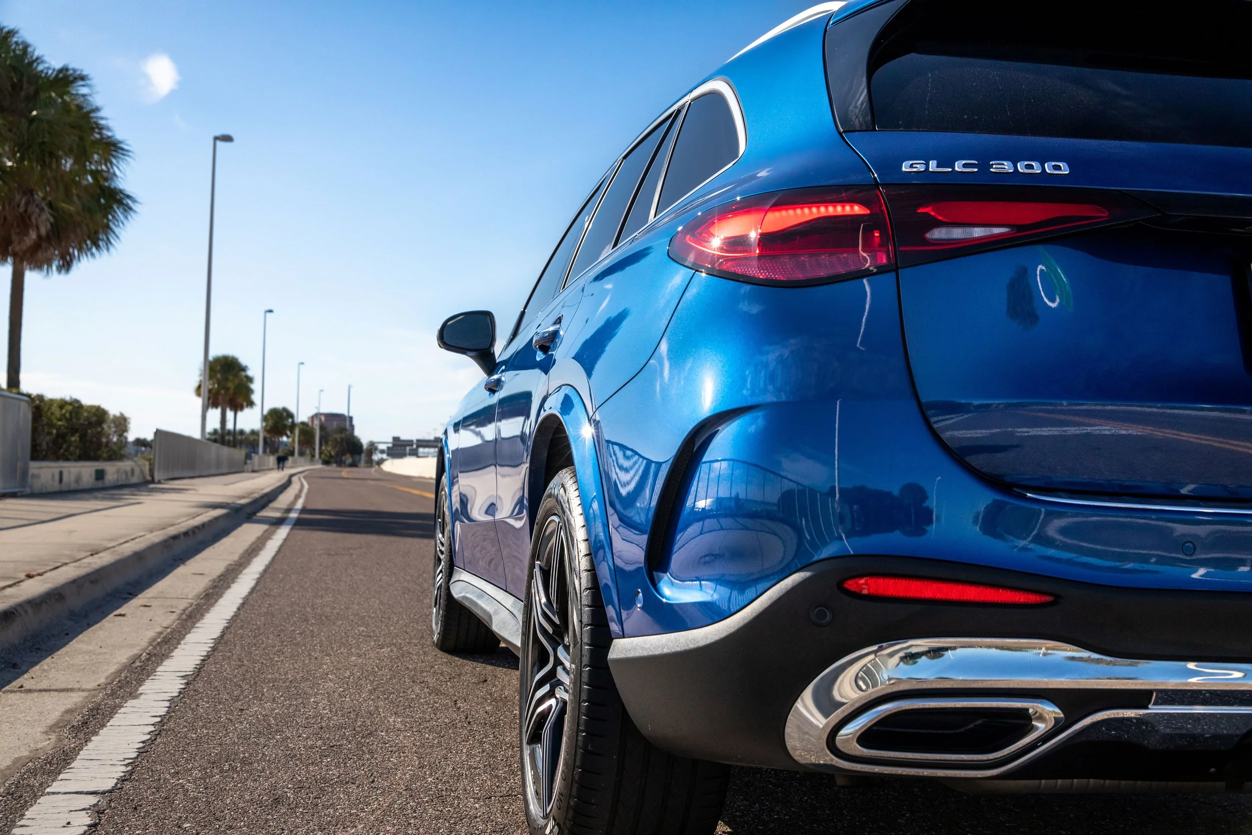 Blue 2023 Mercedes GLC along Courtney Campbell Causeway, Tampa FL.