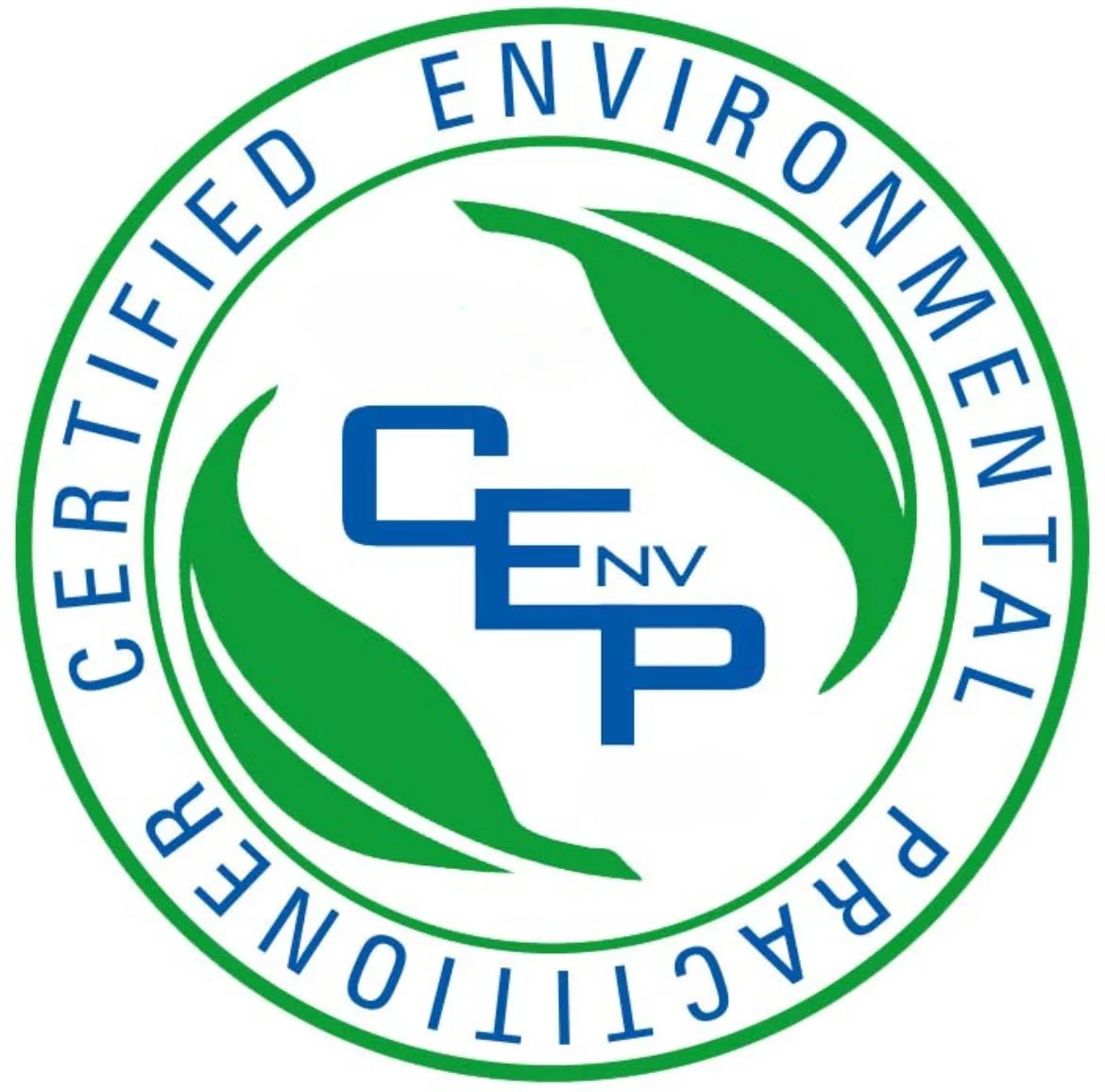 Circular Certified Environmental Professional logo with green leaves and blue lettering
