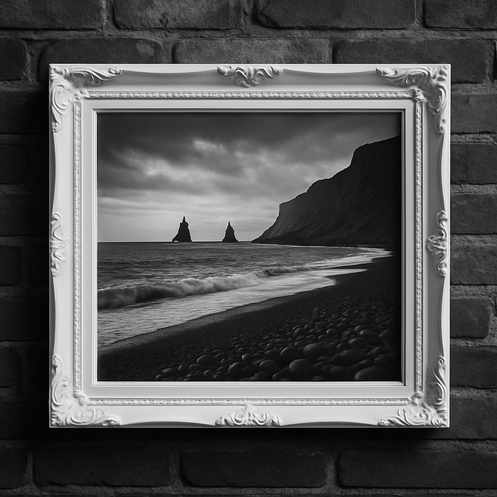 Photo en noir et blanc d'une plage rocheuse avec des falaises et deux formations rocheuses en mer, sous un ciel nuageux, encadrée par un cadre blanc orné.