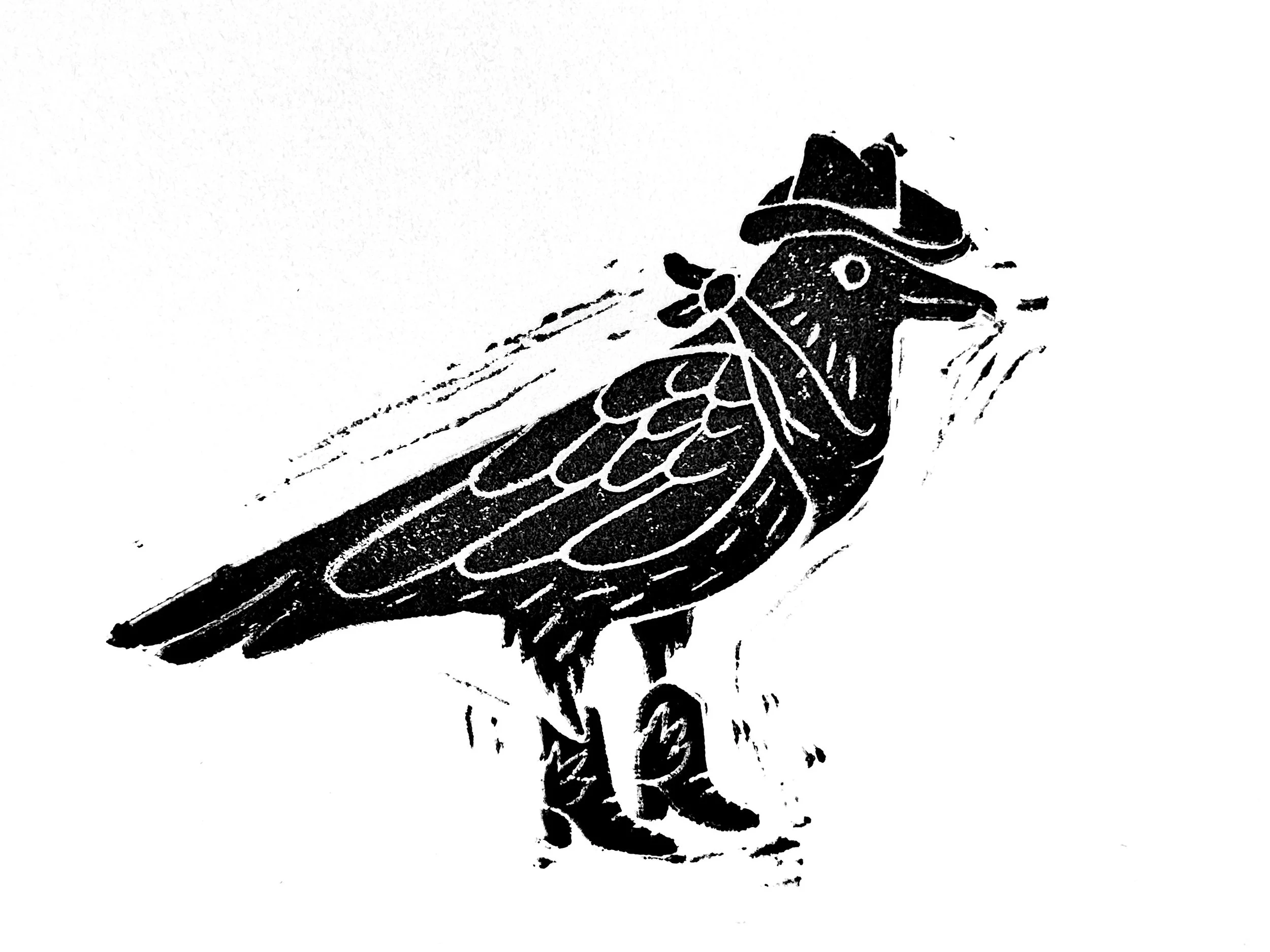 rootin' tootin' cowboy crow  
block printed on reclaimed paper