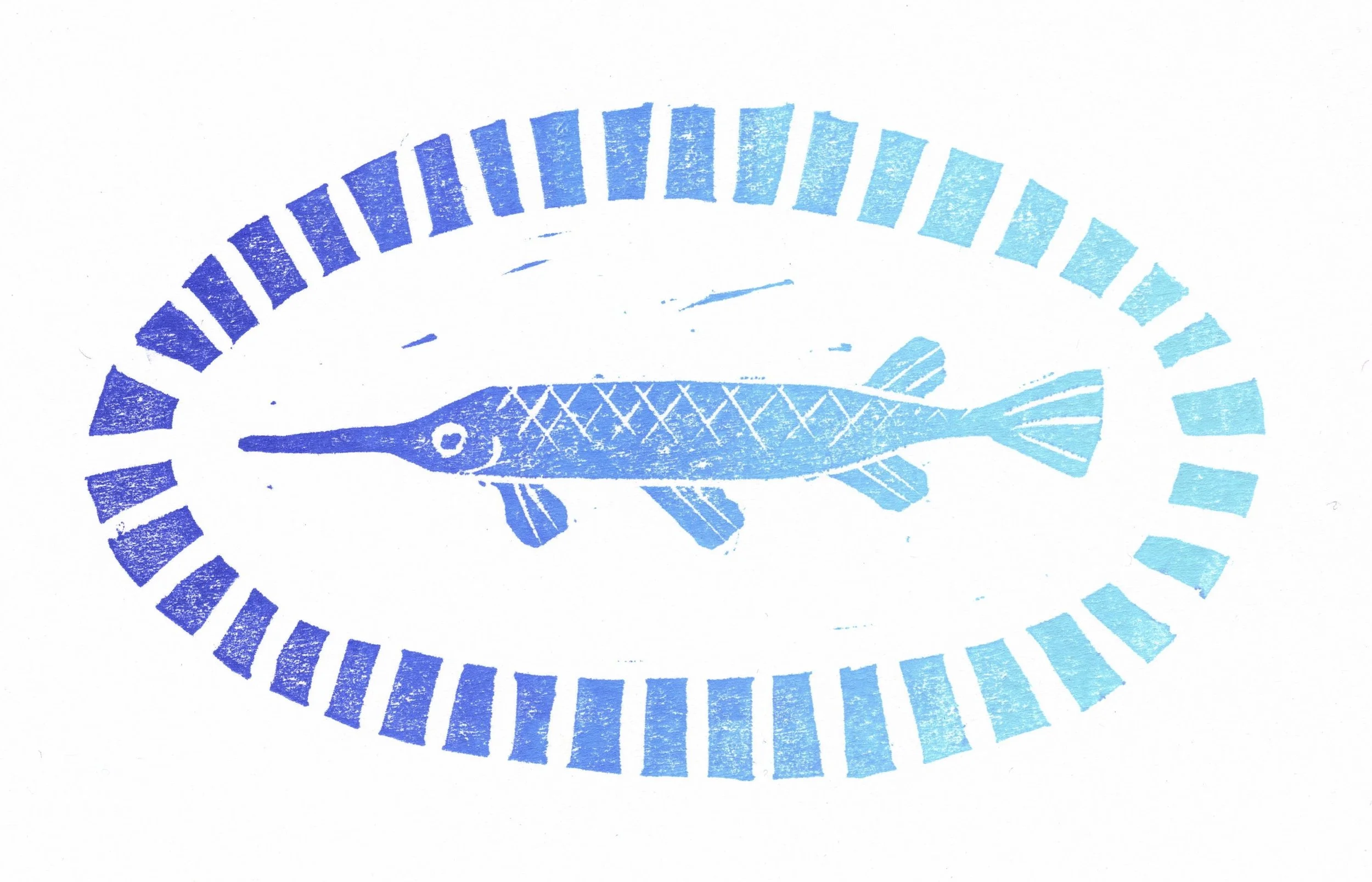 Gar!   
block printed with a gradient of blue inks on reclaimed greeting cards