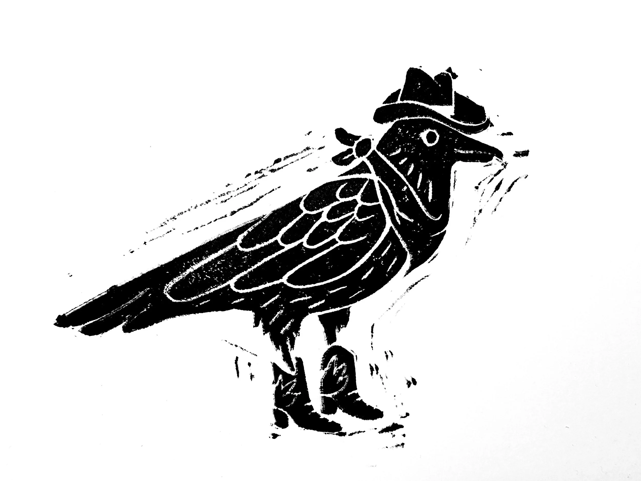 Rootin' Tootin' Cowboy Crow  
block printed on reclaimed paper