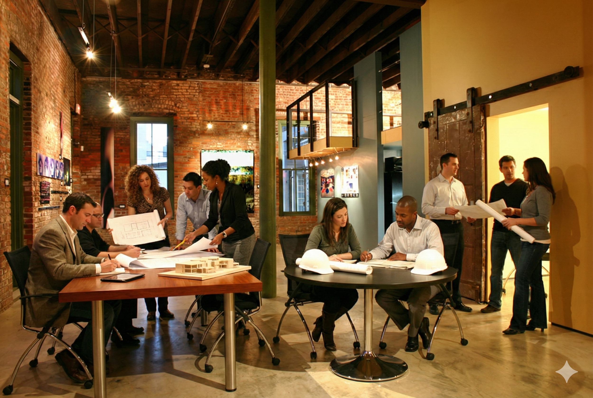 Group of professionals having a meeting or discussion in a modern office with exposed brick walls, large windows, and a mix of round and rectangular tables.