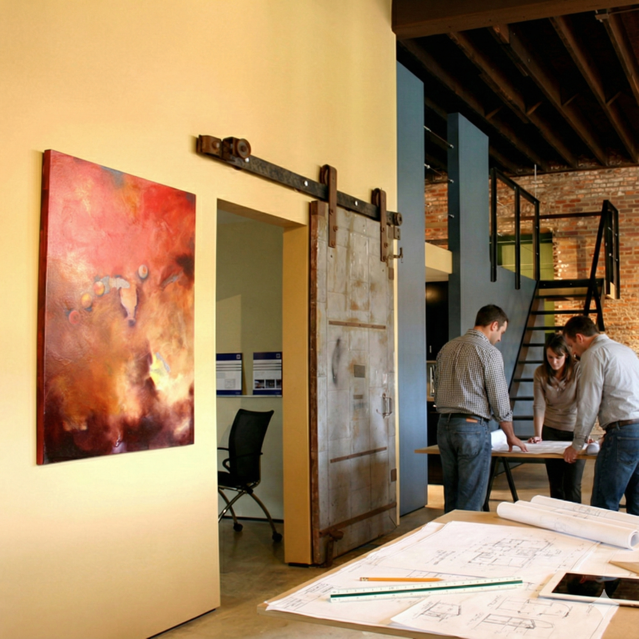Interior of an office or studio with three people reviewing blueprints at a table, modern design with exposed brick and a staircase.