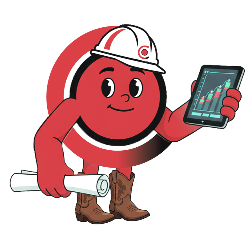 Cartoon character with a round face, holding blueprints in one hand and a smartphone showing a financial graph in the other, wearing a white construction helmet and cowboy boots.