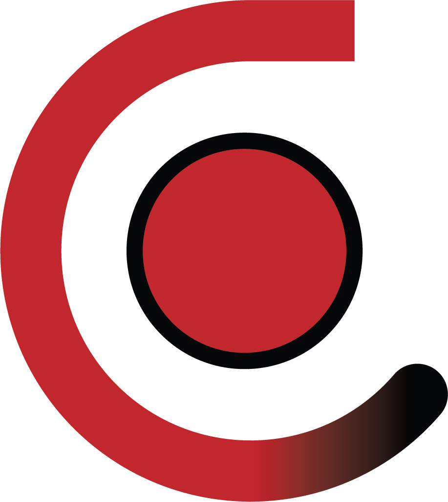 A stylized abstract logo with a black circle at the center, surrounded by a white ring, and an outer red semi-circular arc.
