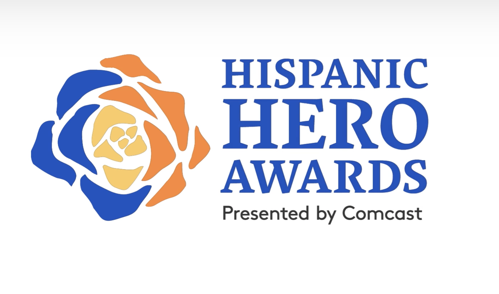 Hispanic Hero Awards logo with a stylized orange, blue, and beige face surrounded by abstract shapes, and text stating 'Hispanic Hero Awards' and 'Presented by Comcast'.