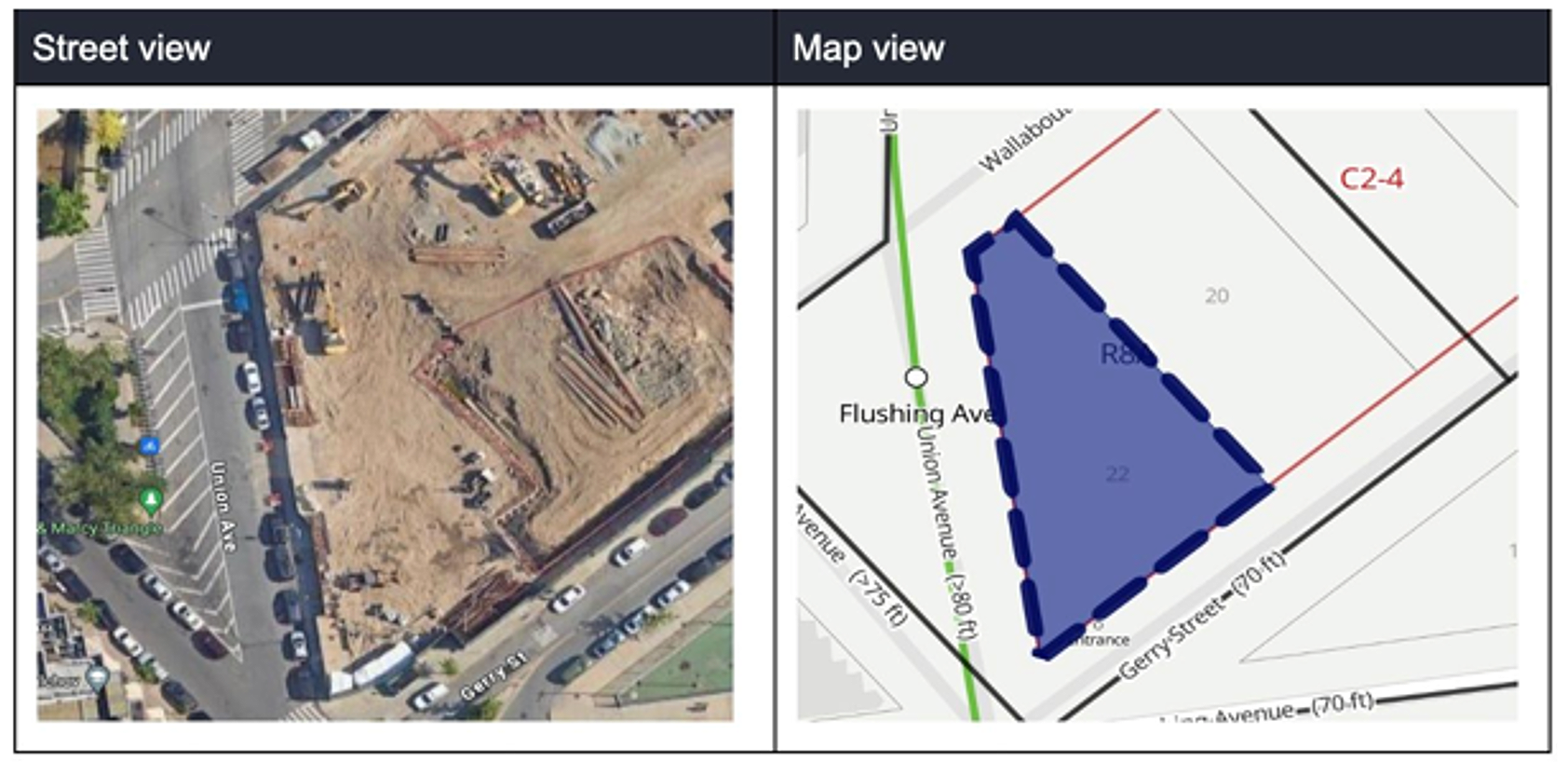 Side-by-side comparison showing a street view of a construction site and a map view of the same area with a highlighted plot of land outlined in blue.