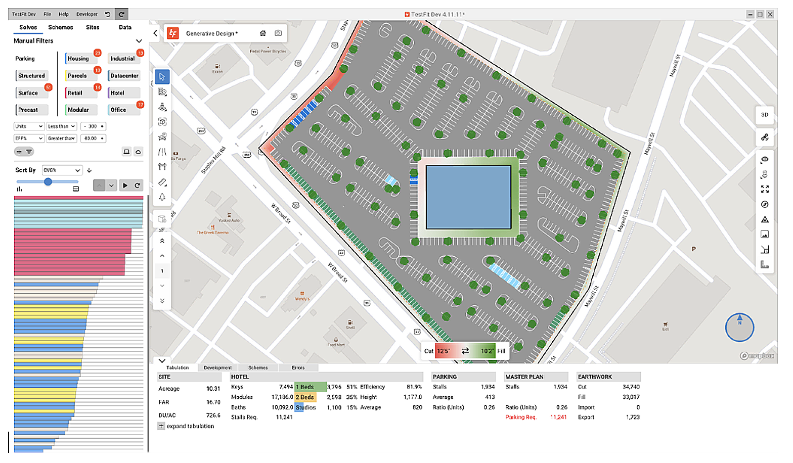 Site plan of a parking lot with a large central pool, surrounded by trees, parking spaces, and access roads, with nearby streets and buildings.
