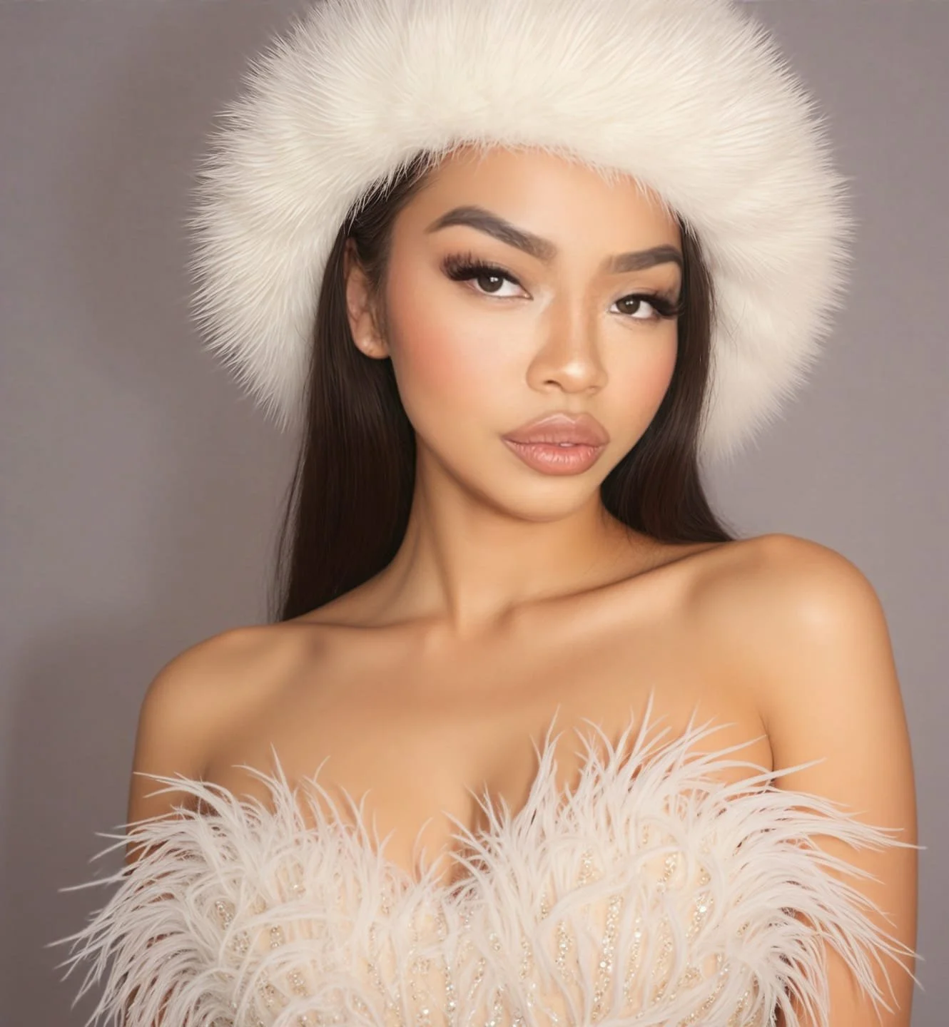 A woman with long dark hair wearing a white fur hat and a feathered off-shoulder top.