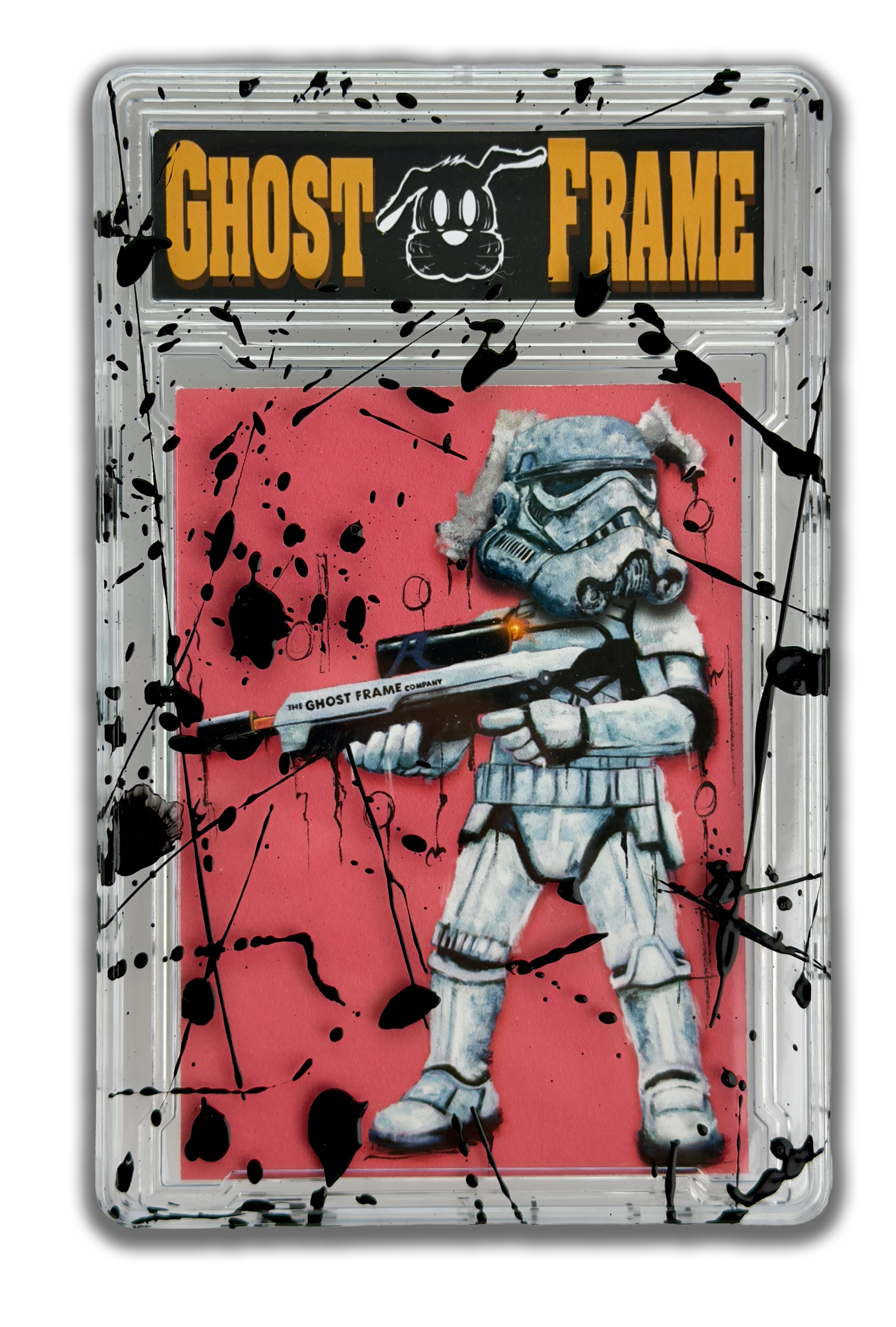 Street art on a glass panel featuring a painted stormtrooper from Star Wars holding a paintbrush, with black splatters and a red background, and a black sign reading "GHOST FRAME" at the top.