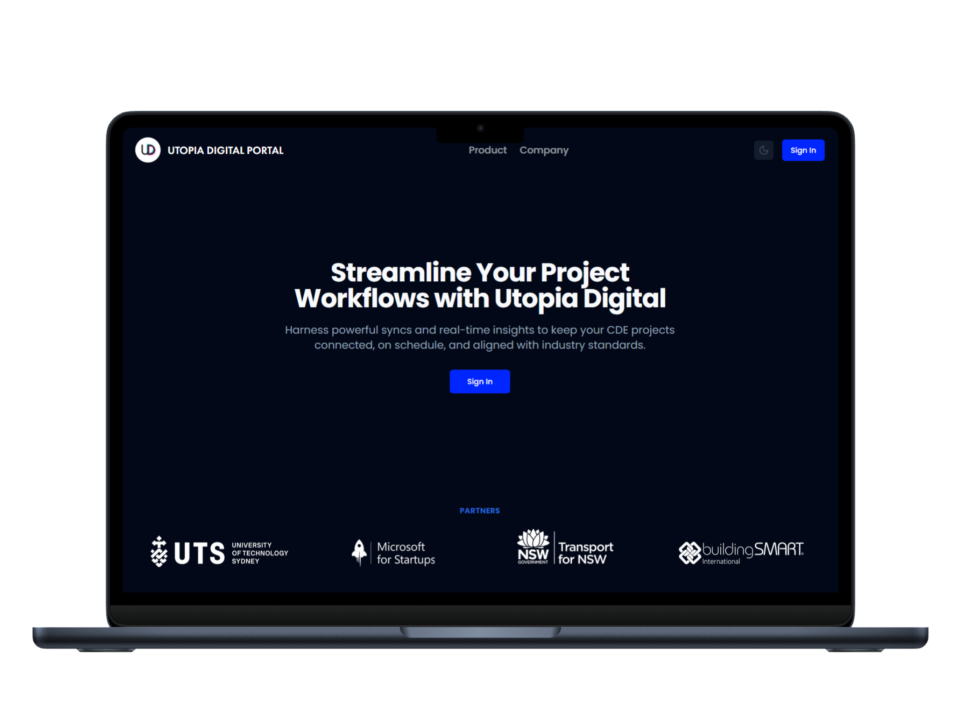 Utopia Digital Portal webpage with a 'Sign In' button and project description