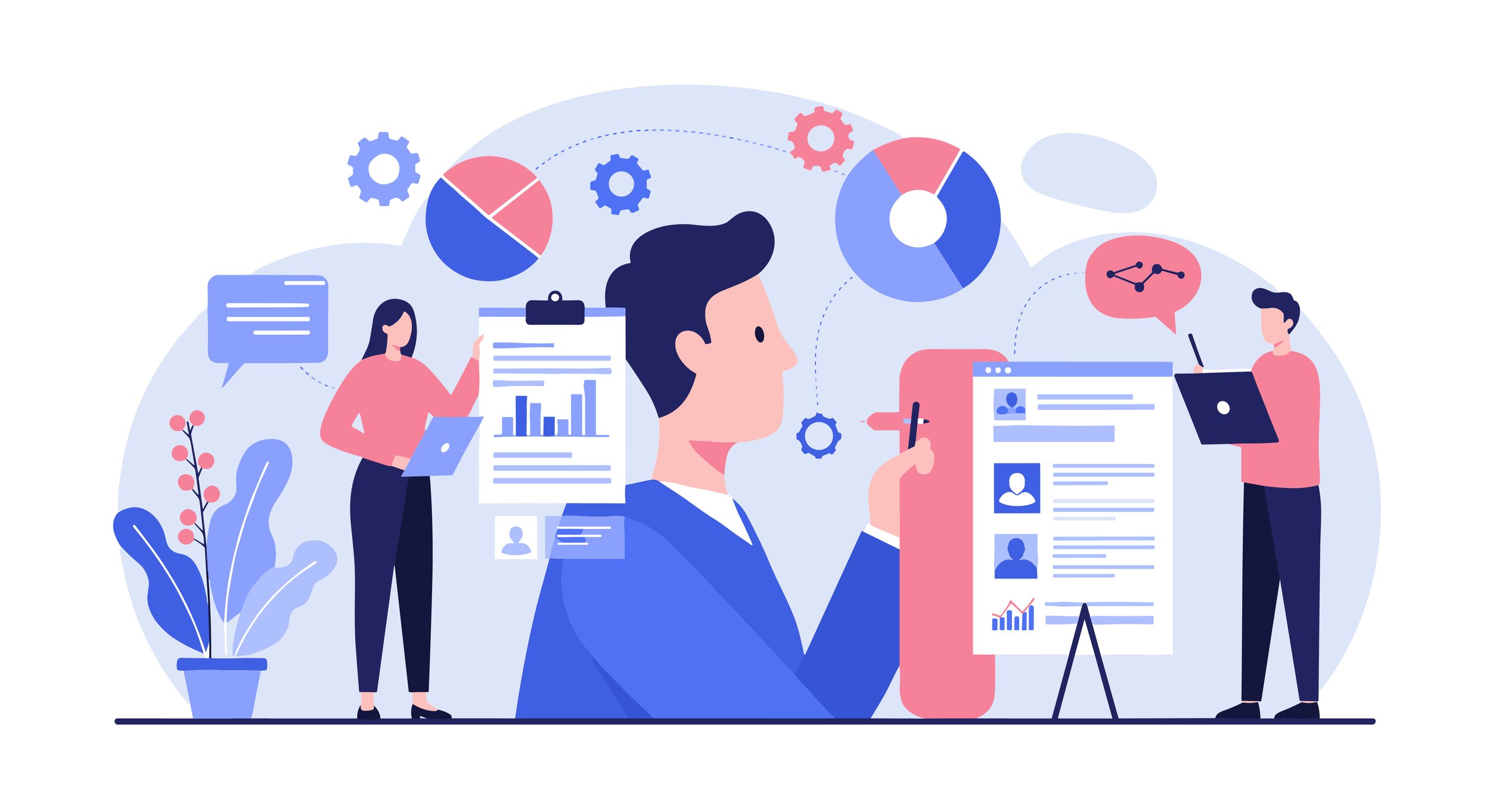 Illustration of three people engaged in data analysis and communication. One person holds a clipboard with charts, another interacts with a large smartphone displaying a resume, and a third uses a laptop. Floating charts, gears, and speech bubbles suggest data processing and discussion.