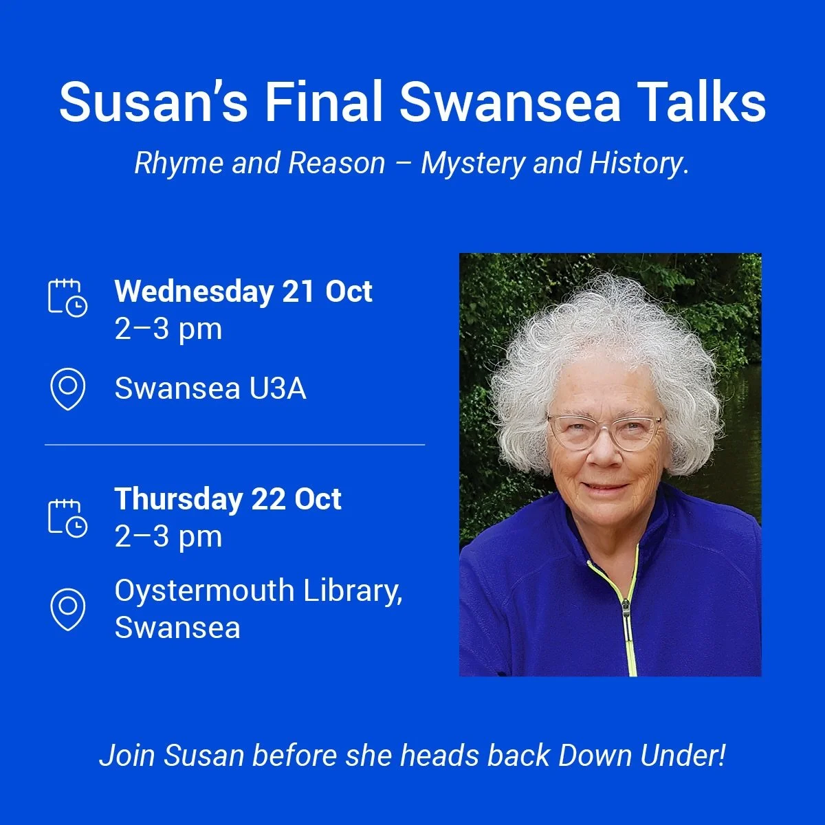 🇬🇧 Susan&rsquo;s final two UK talks!

After a massive and memorable tour, Susan has just two events remaining before she heads home to Australia &mdash; both in Swansea.

📍 Wednesday 21 October
U3A Swansea
2&ndash;3 pm

📍 Thursday 22 October
Oyst
