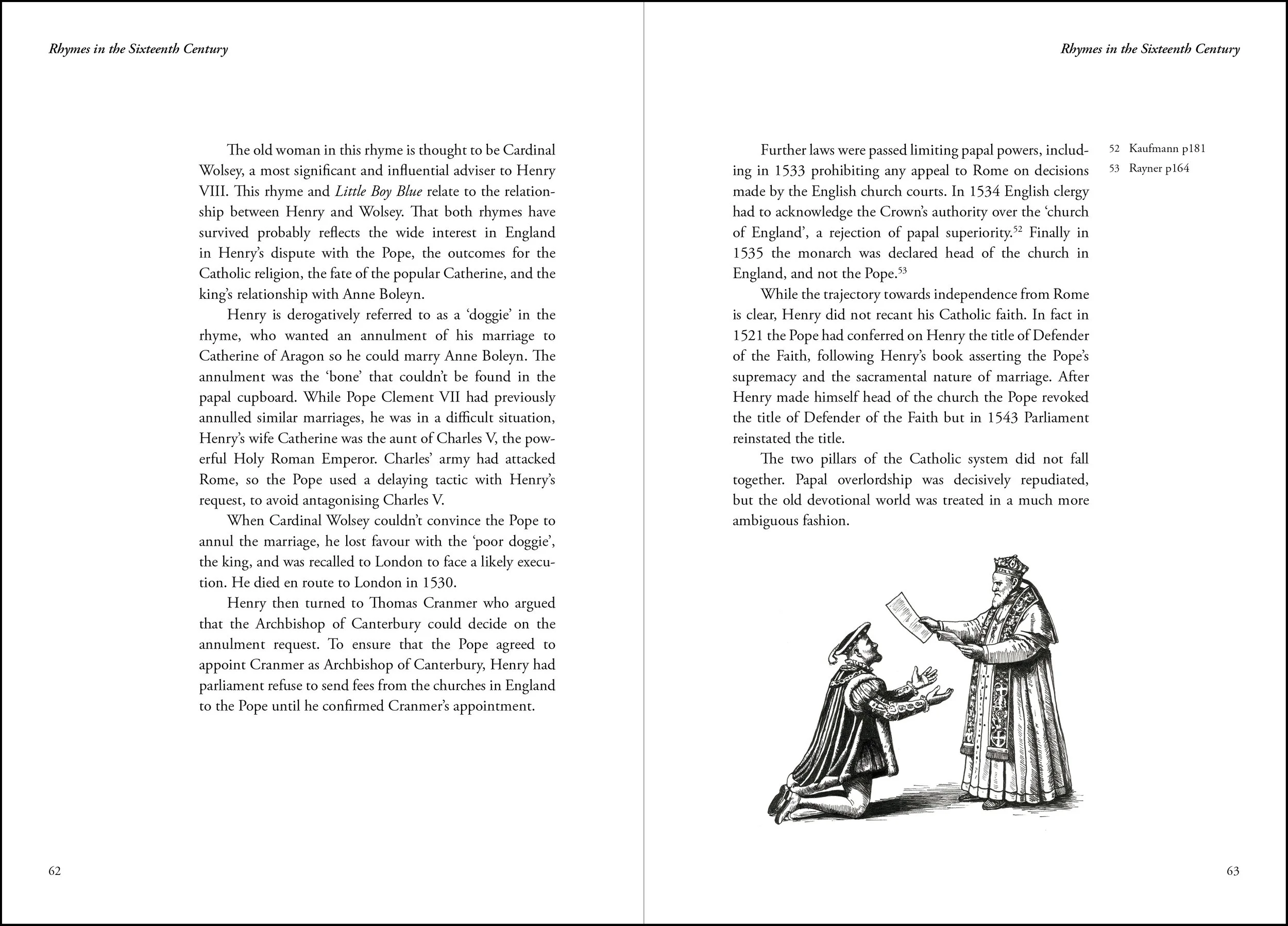 Rhyme & Reason pages explaining a possible historical interpretation of Old Mother Hubbard involving Cardinal Wolsey and Henry VIII.
