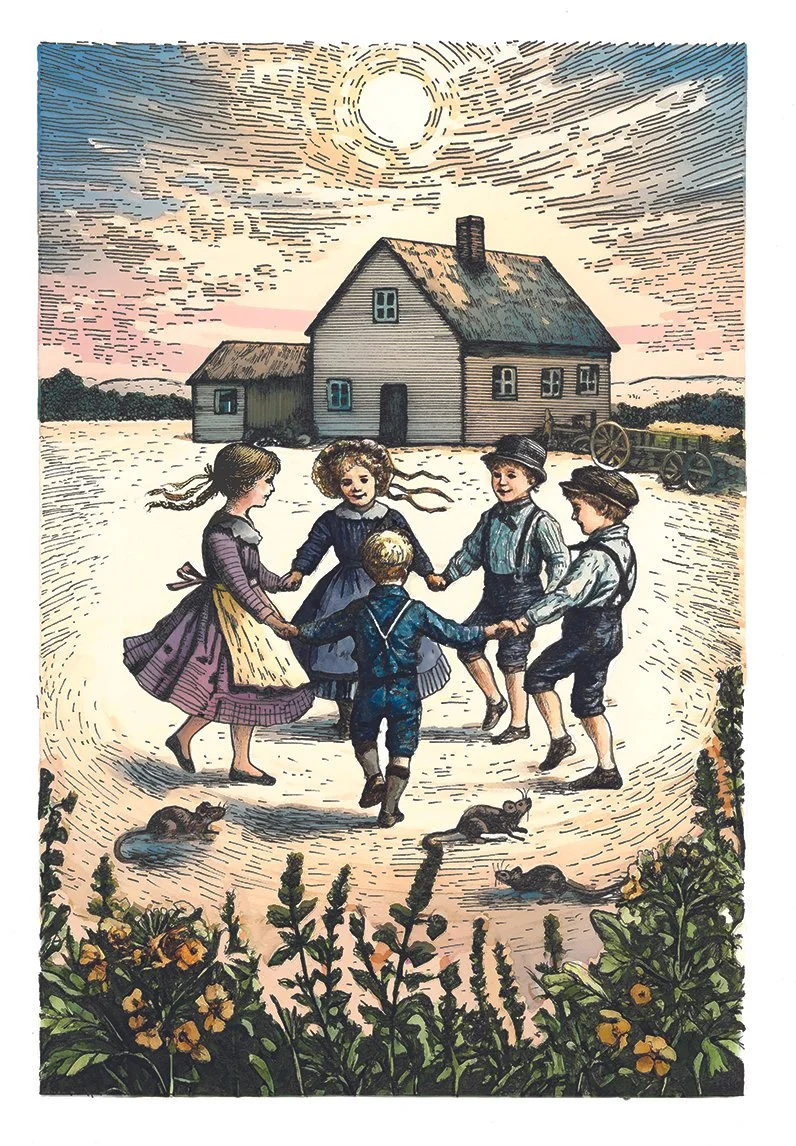 Children dancing Ring-a-Ring o’ Roses while rats run nearby, illustrated for Rhyme & Reason.