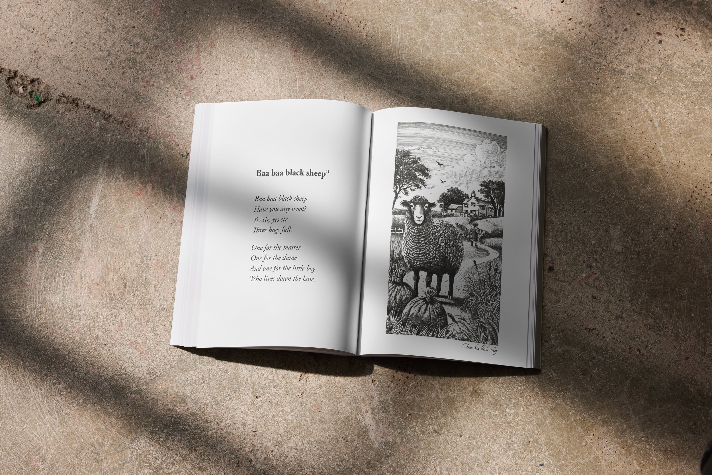 Open copy of Rhyme & Reason showing the Baa, Baa, Black Sheep verse and illustration.