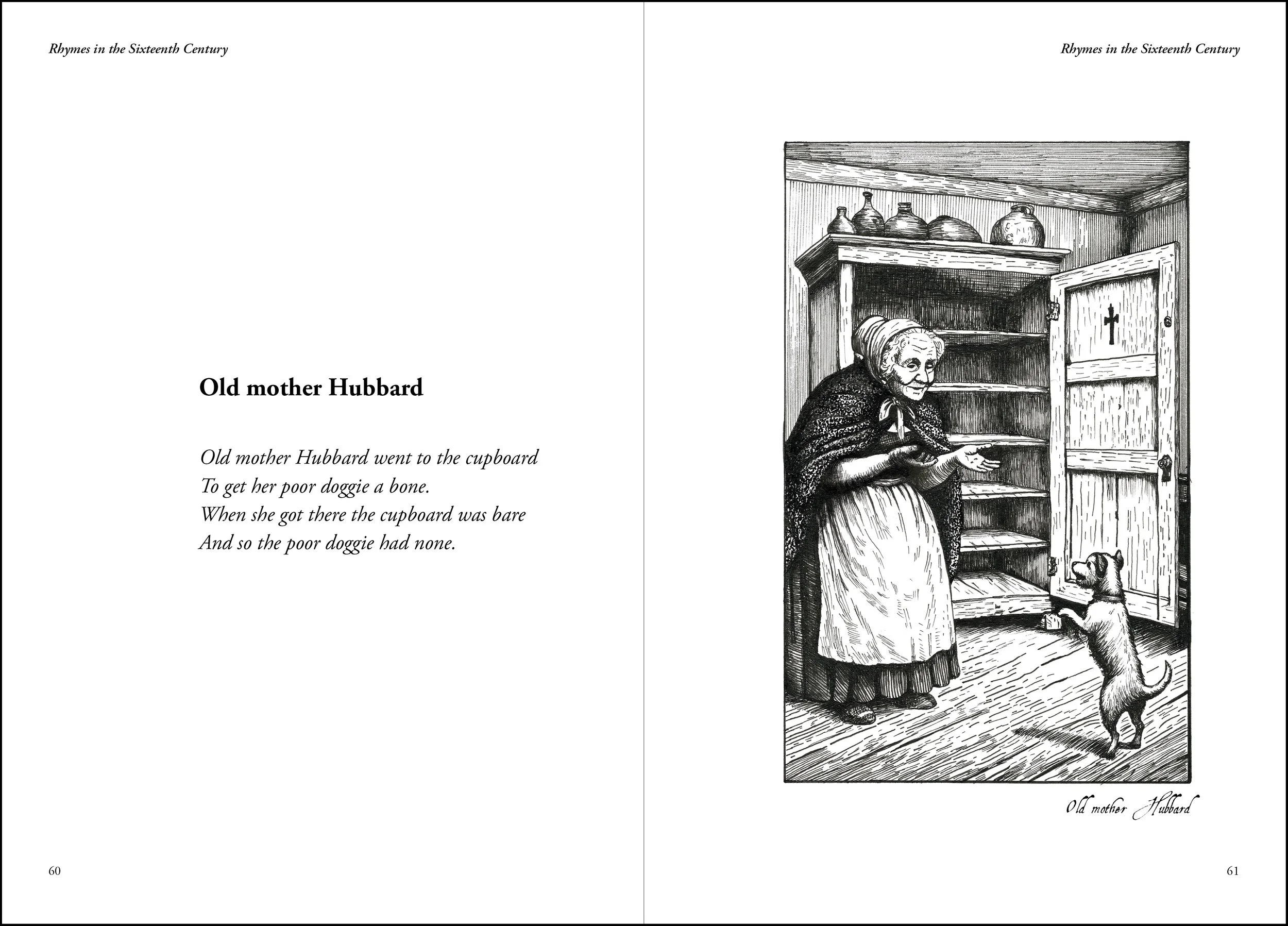 Rhyme & Reason spread showing the Old Mother Hubbard verse and Nicol Reid’s illustration.