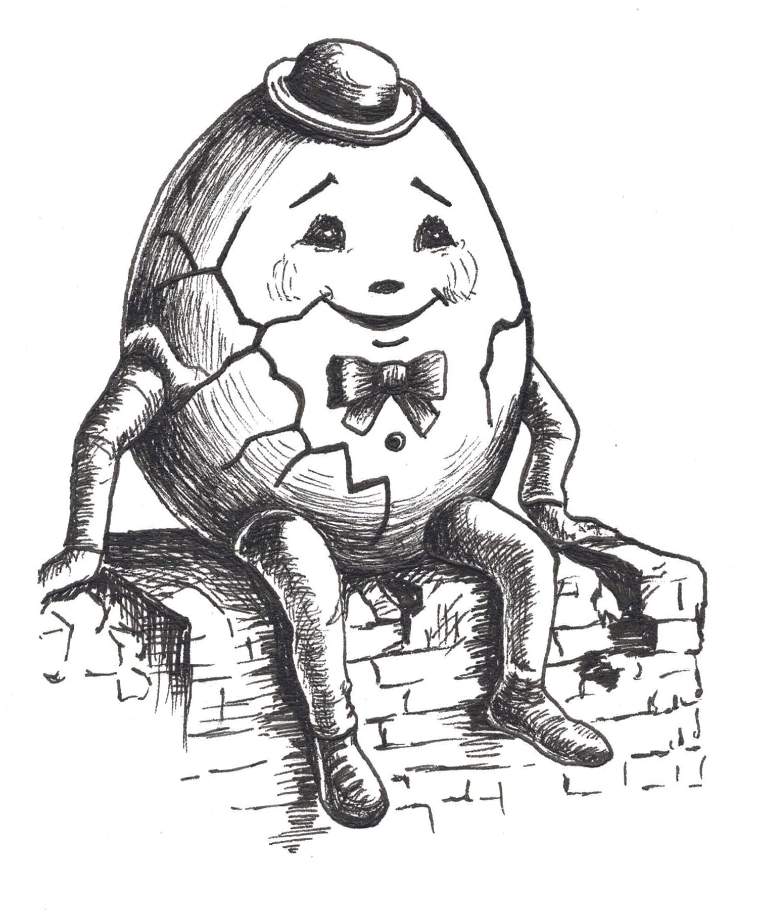 Black-and-white illustration of Humpty Dumpty sitting on a wall from Rhyme & Reason.