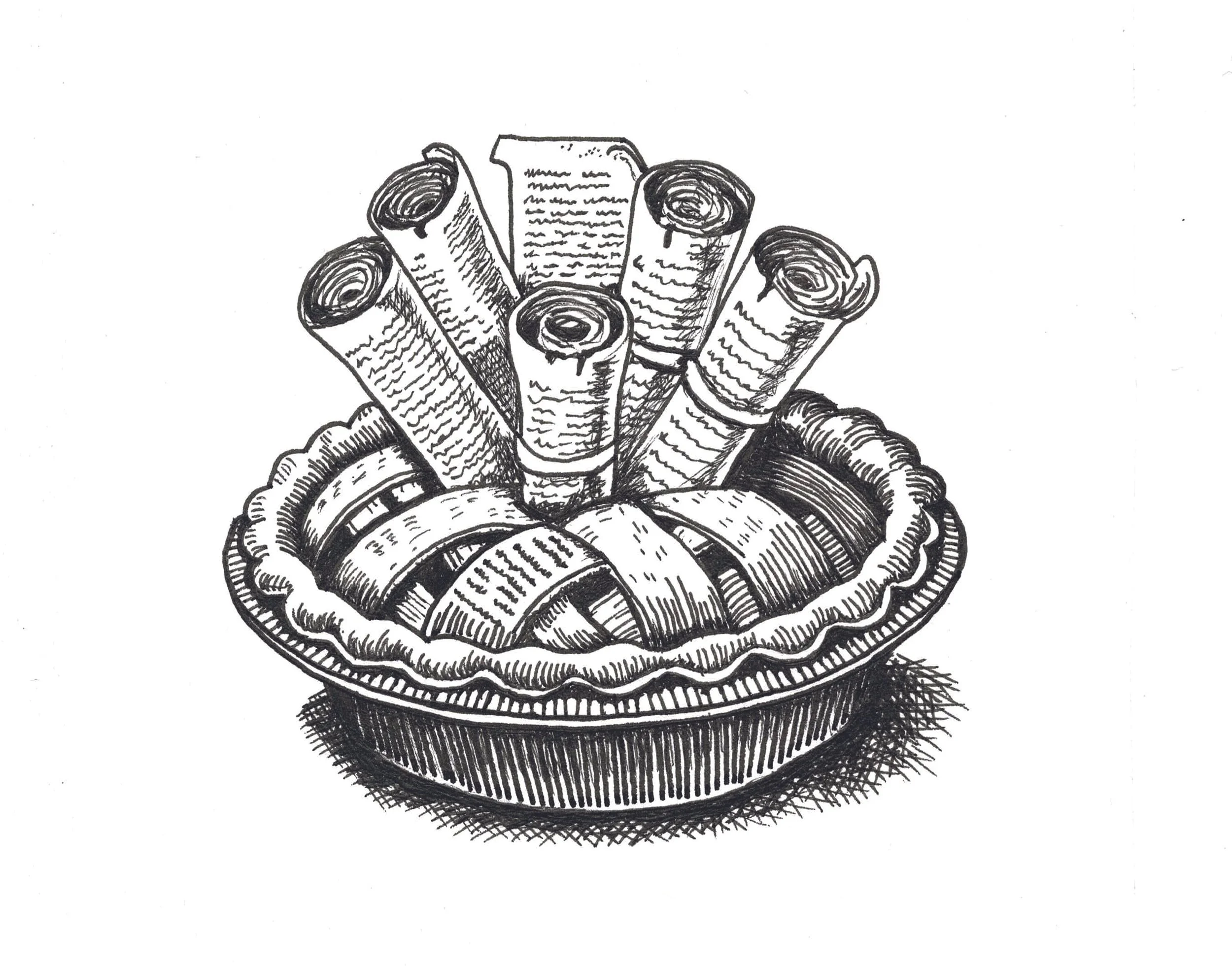 Black-and-white illustration of a pie filled with rolled papers, inspired by Sing a Song of Sixpence.