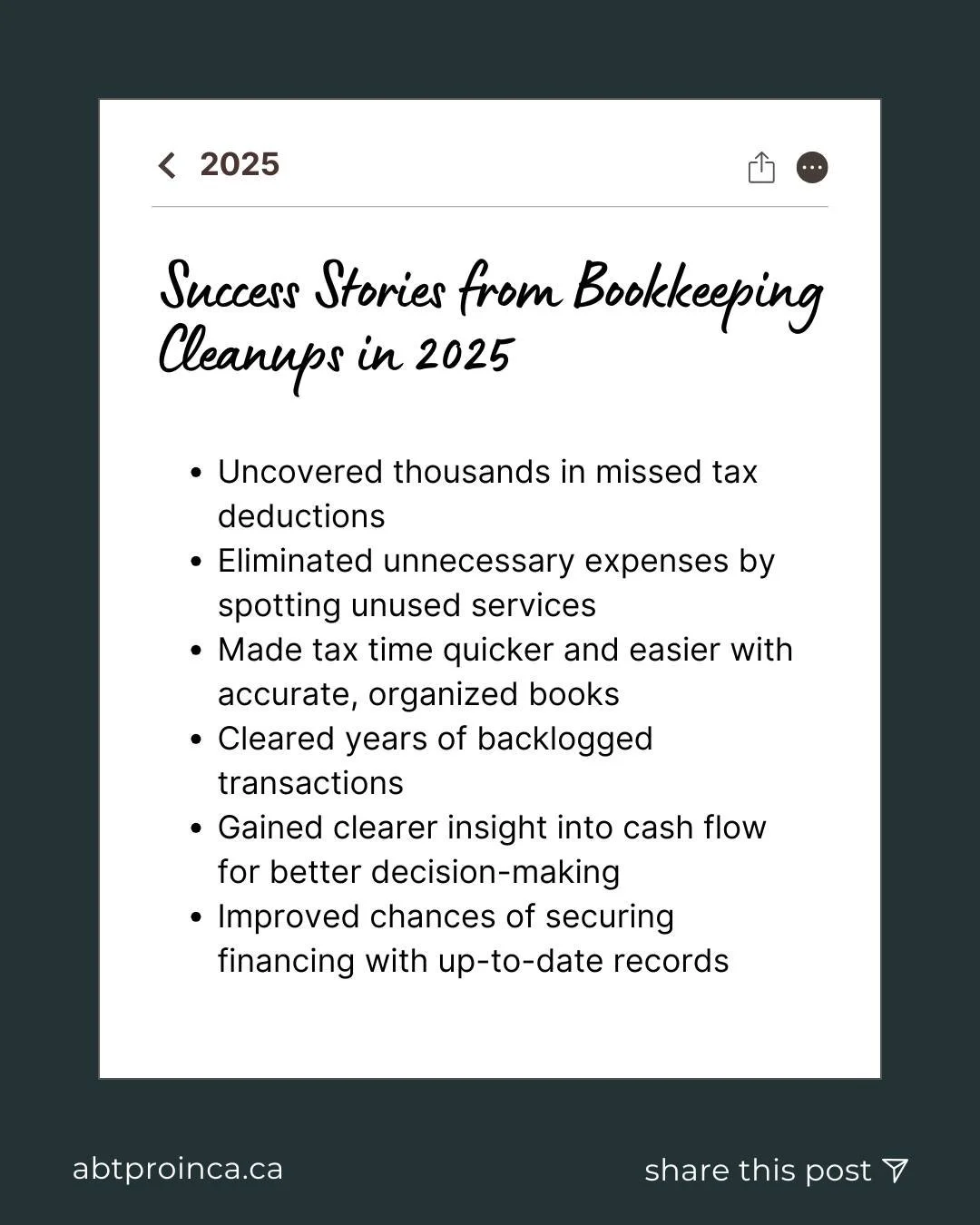 Clean books don’t just look good, they give business owners peace of mind, better results, and a stronger foundation for the future!
Ready to finally clean up your books? This is the best time to do it! Let's chat!
.
.
.
#BookkeepingSuccess #C