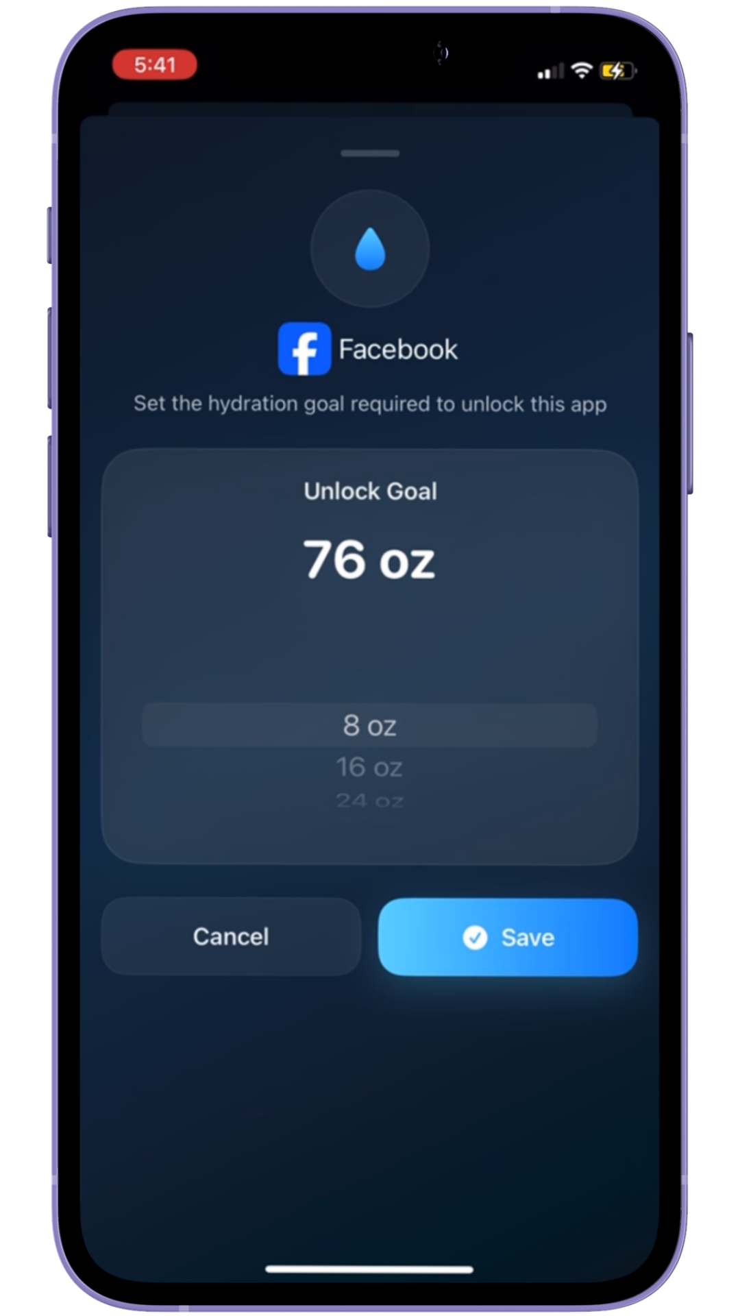 Mobile app showing a hydration goal setting interface for Facebook, a 'Set the hydration goal required to unlock this app' prompt, and options to select a goal of 8, 16, or 24 ounces, with 'Cancel' and 'Save' buttons.