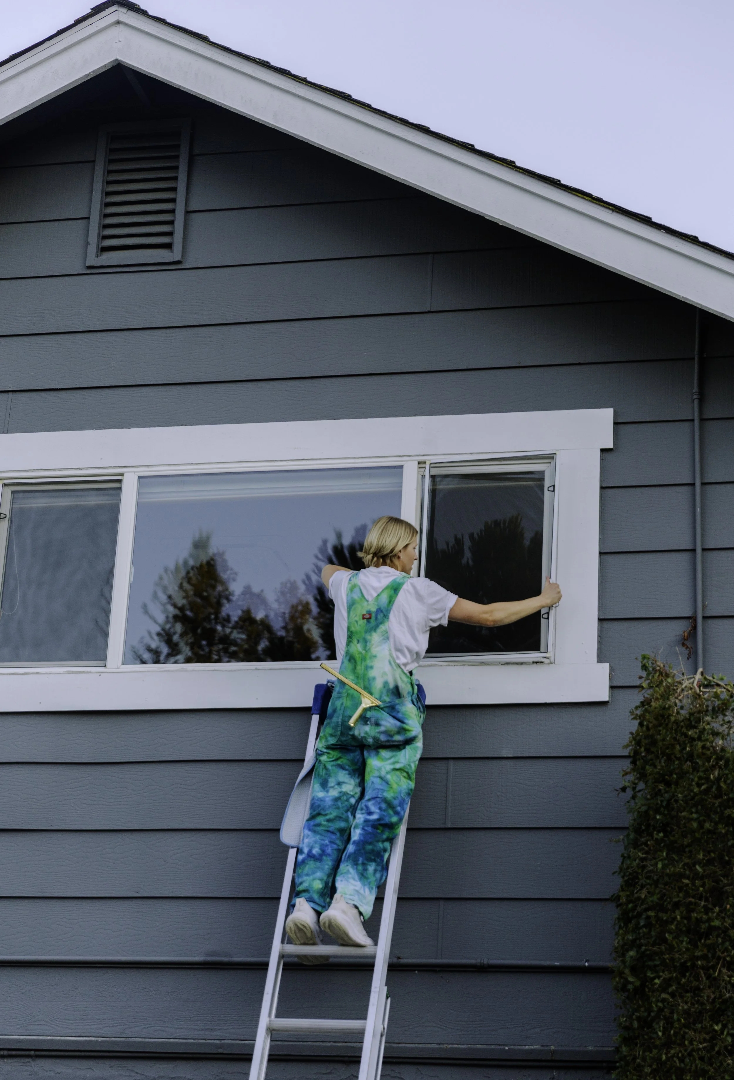 A woman standing on a ladder cleaning or adjusting a window in a blue house with gray siding, outdoors during daytime.