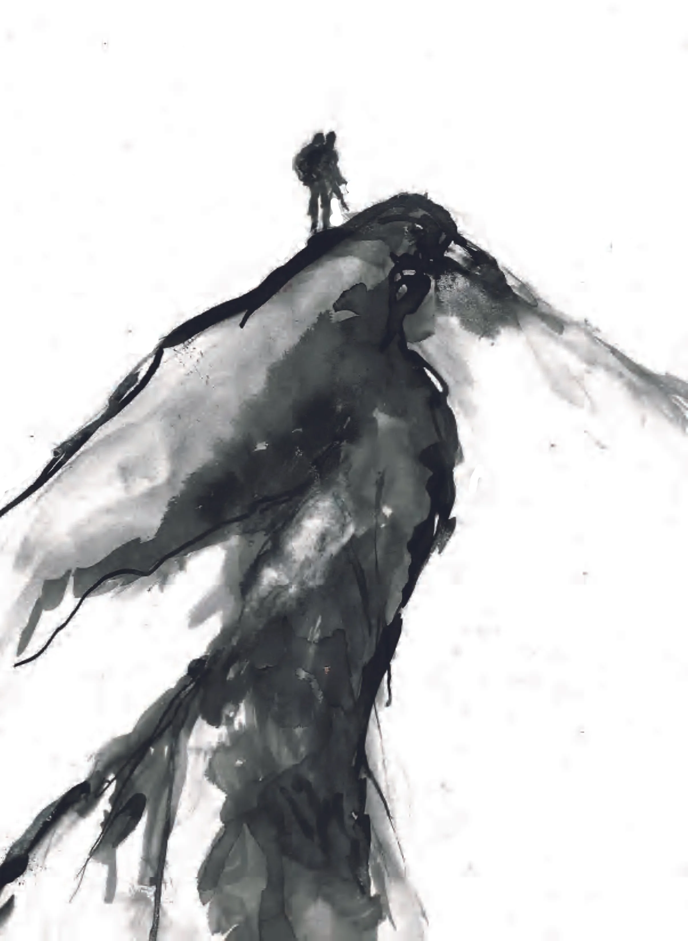 Une personne marche dans la neige, vue de dos, portant un sac à dos et un manteau, derrière un arbre brûlé. Illustration de Narayama.