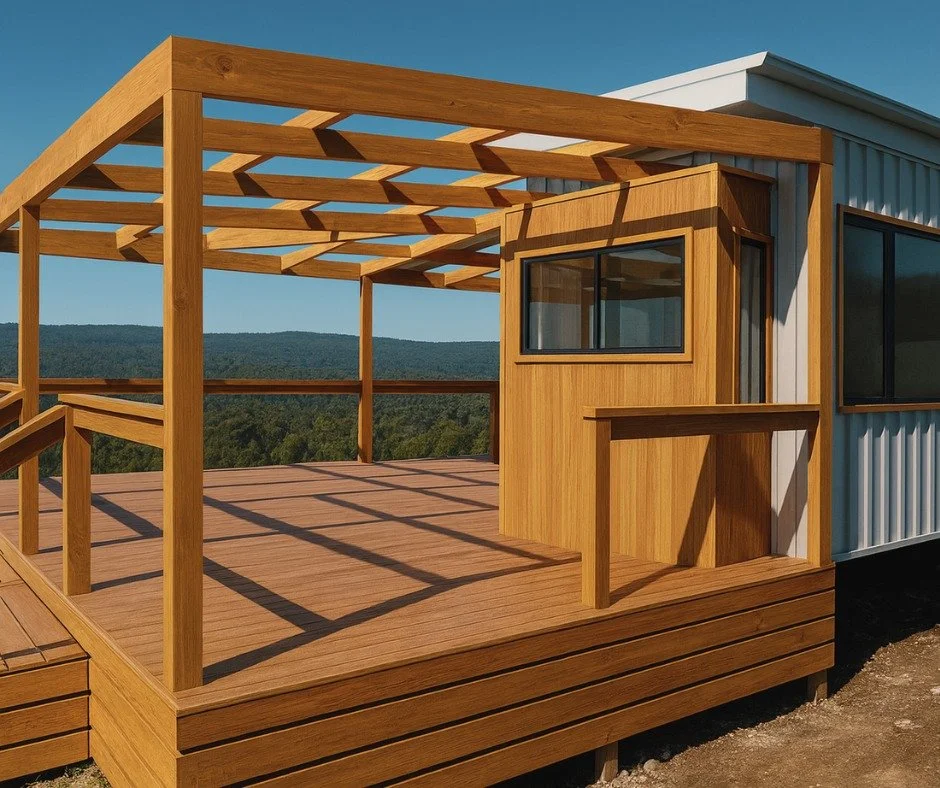 Another beautiful build just completed &mdash; solid timber decking and a custom pergola built around a custom Southon WTree tiny house and perfectly framing the mountain backdrop. 

Built strong, built local, built for life outdoors. 
.
.
.

#Southo