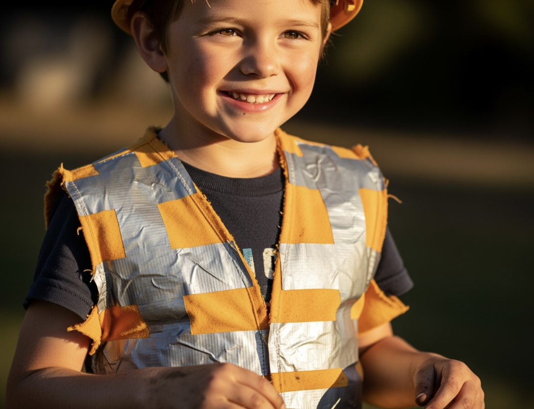A child wearing a DIY construction vest made from an old t-shirt and duct tape