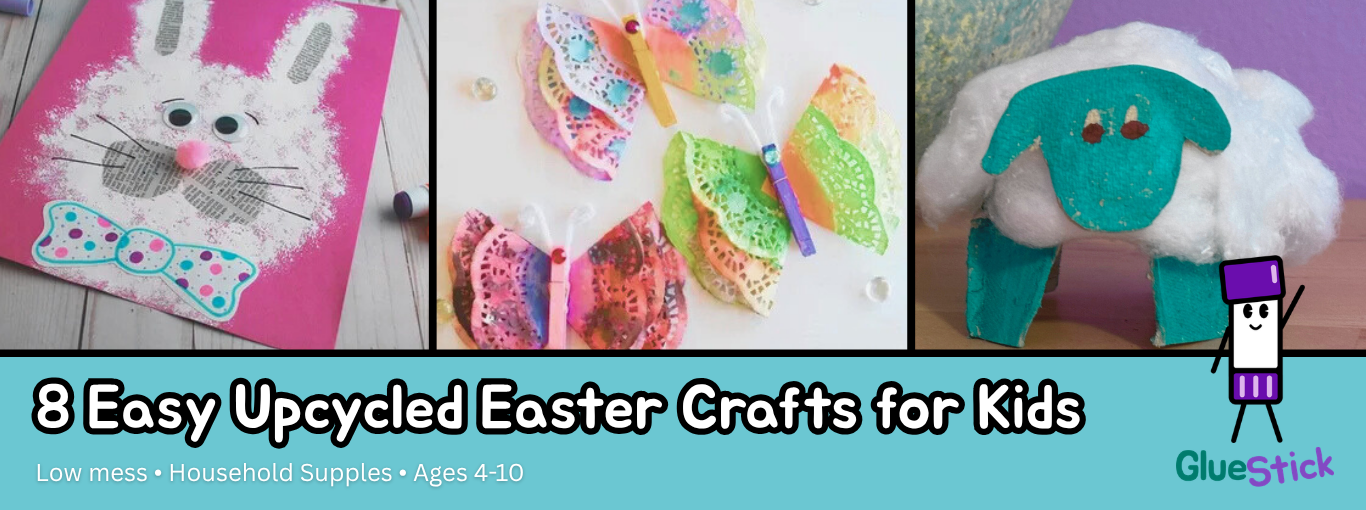 8 Easy Upcycled Easter Crafts for kids banner with images of the easy newspaper bunny craft, doily butterflies, and egg carton sheep