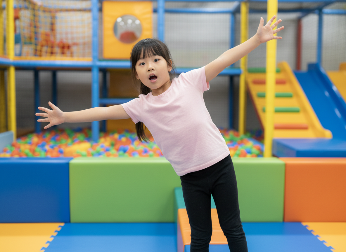 A young girl balancing on a beam at an indoor playground