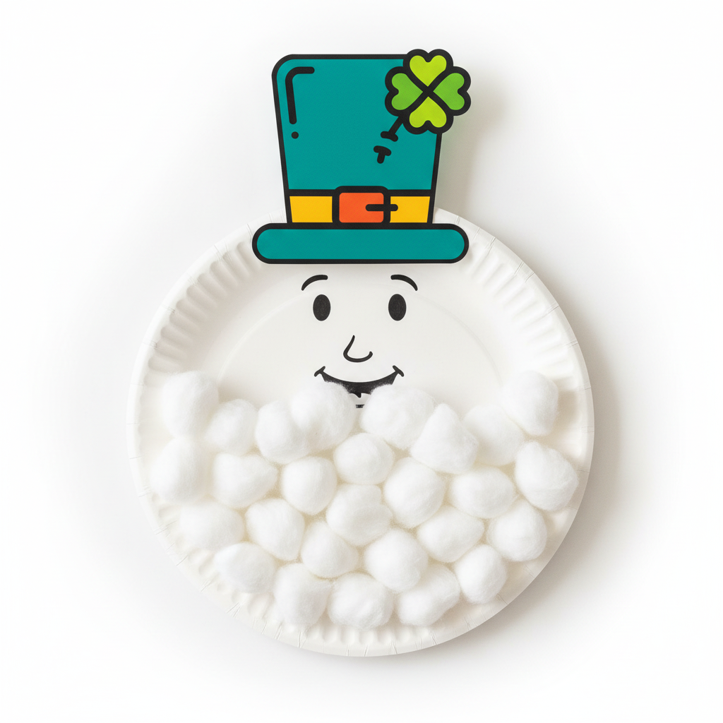 A leprechaun made from a paper plate, printable hat, and cotton balls