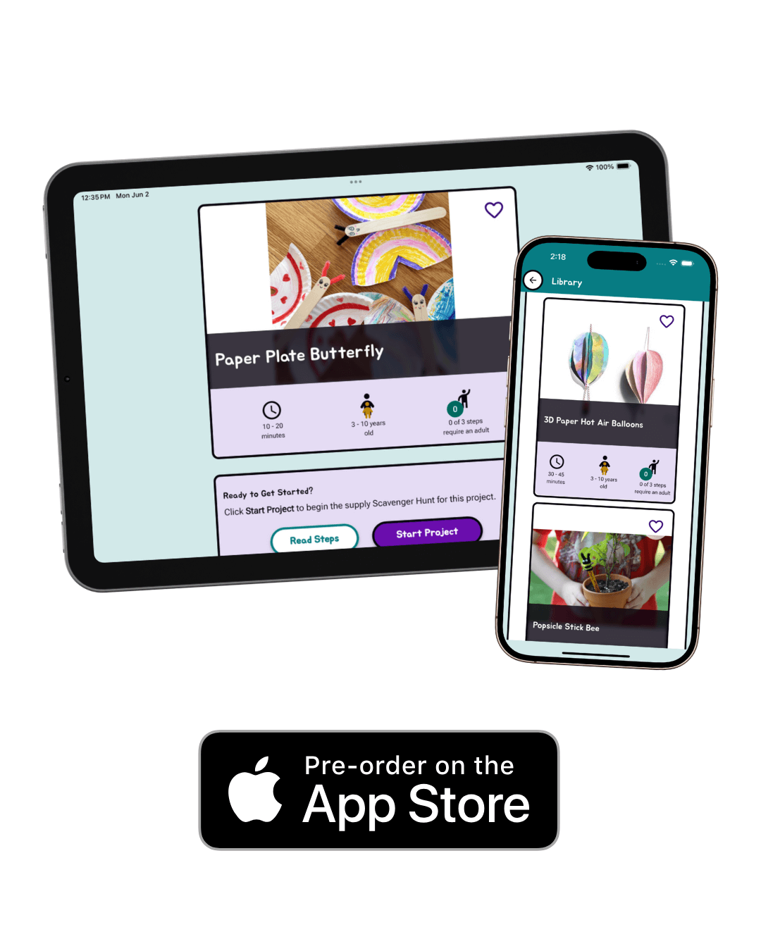 An iPad and iPhone displaying the GlueStick app with a paper plate butterfly, hot air balloons, and a popsicle stick bee. The app features project images, details, and a start button, with a black App Store pre-order banner below.