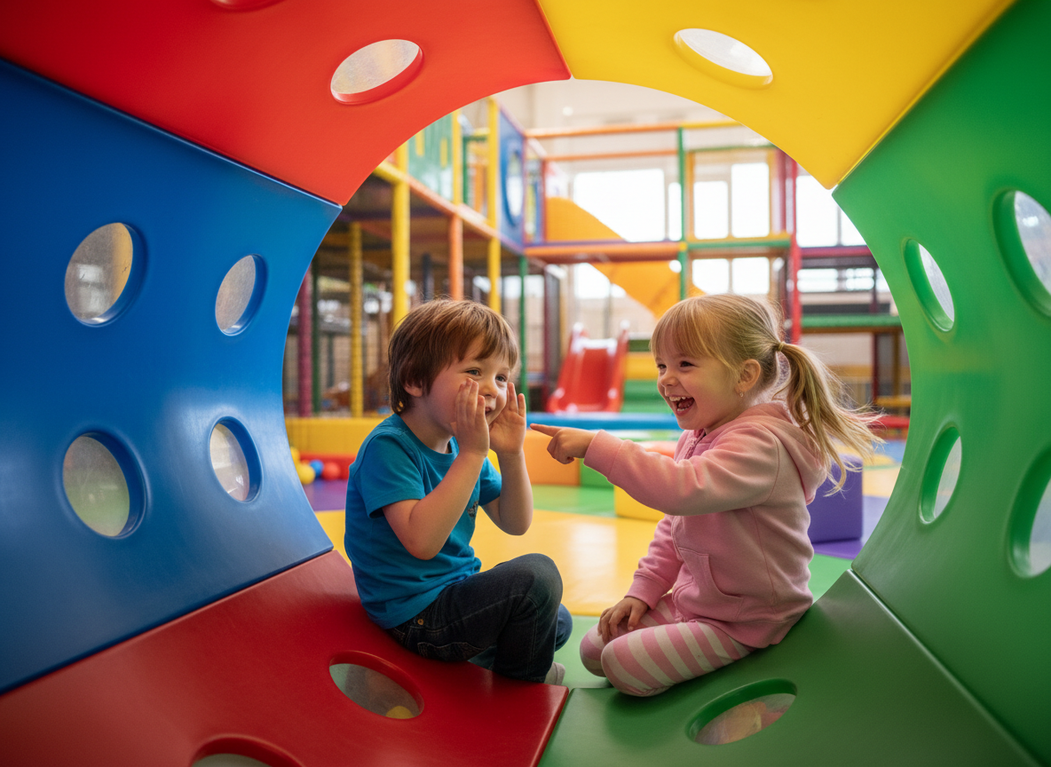 AN AI-generated image of two children in an indoor playground tube.