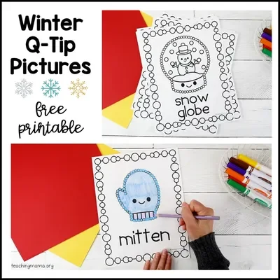 Example coloring sheets in GlueStick's collection of Winter Q-Tip Pictures