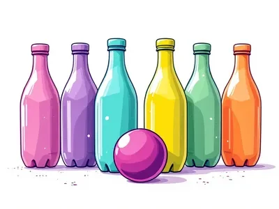 A cartoon drawing of six colorful bottles set up like bowling pins and a ball
