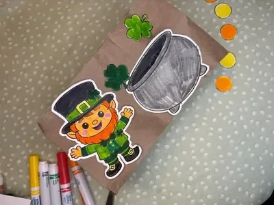 A Paper bag with printable leprechan and pot of gold