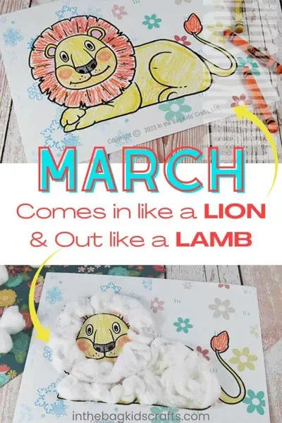 An image of a lion coloring sheet and the lion covered in fluffy cotton balls with the text MARCH comes in like a LION and out like a LAMB