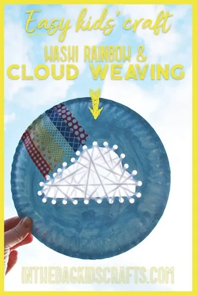 A paper plate painted blue with a washi tape rainbow and yarn-laced cloud. Title Easy Kids' craft Washi Rainbow & Cloud Weaving. Subheader inthebagkidscrafts.com