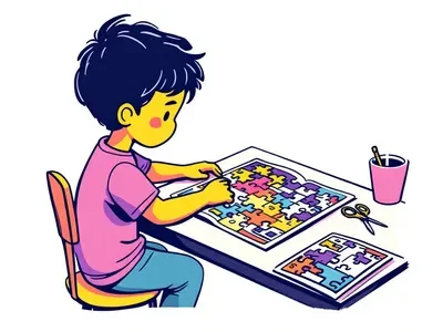 A cartoon child sits in front of a puzzle