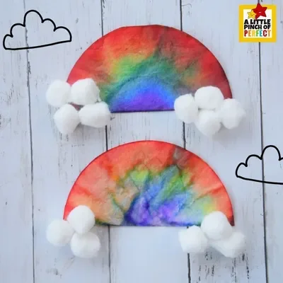 Coffee filter rainbows with cotton ball clouds